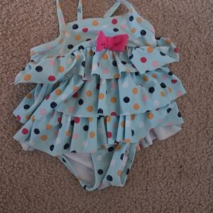Kids Polka Dot Ruffle One-Piece Swimsuit with Pink Bow - Aqua